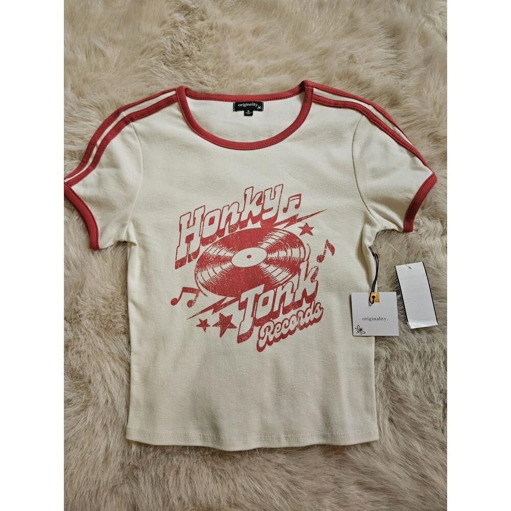 Originality Honky Tonk Records Ringer T-Shirt Womens Small Cream Red Graphic Tee